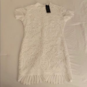 Boohoo Petite High Neck Pleat And Lace Mini Dress